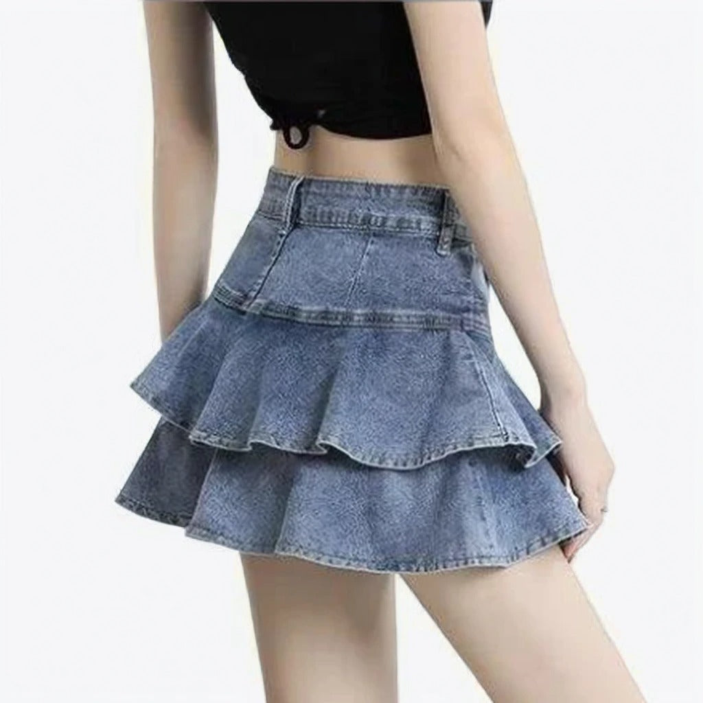 Double-the-Ruffle Denim Miniskirt