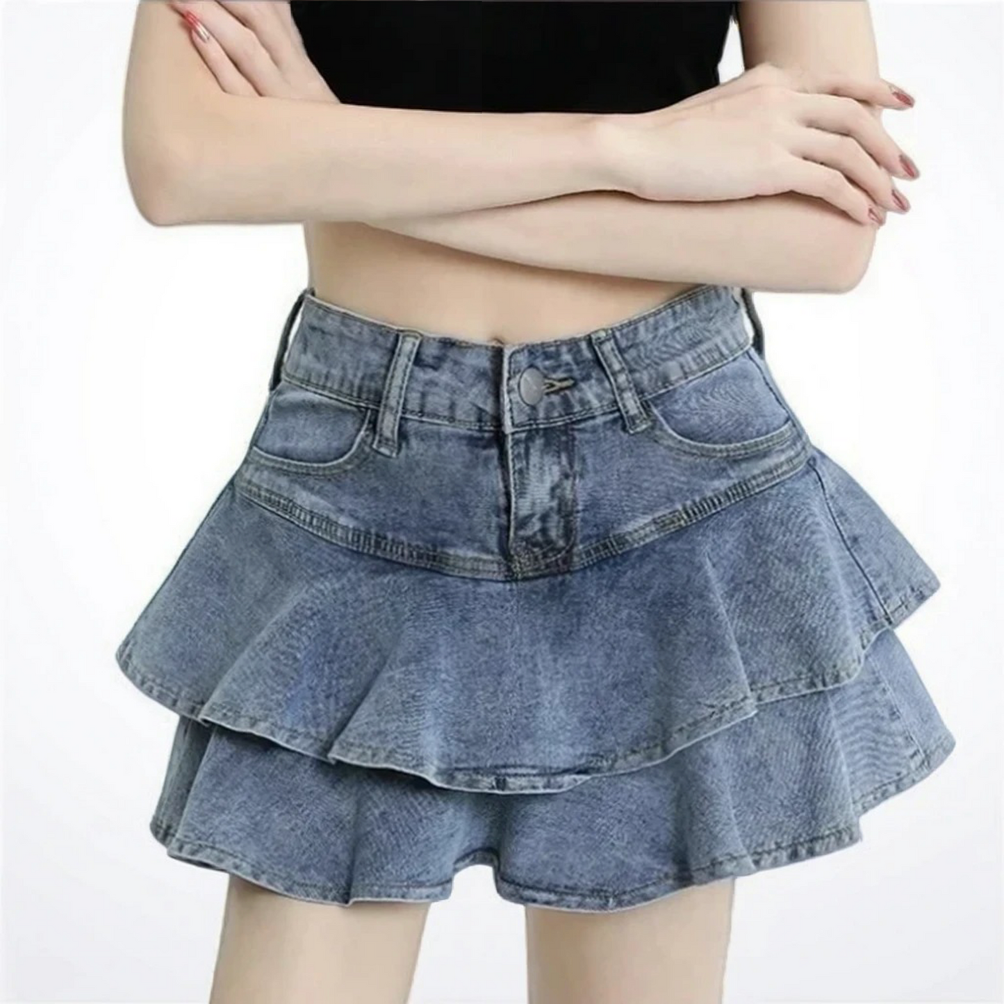 Double-the-Ruffle Denim Miniskirt